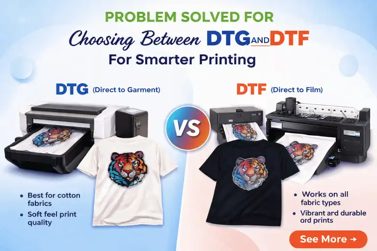 Problem solved for Choosing Between DTG And DTF For Smarter Printing with See more CTA lower right corner
